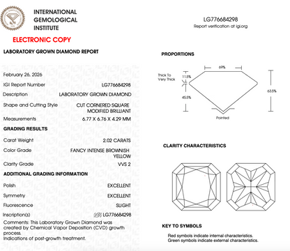 2 CT Yellow Square Radiant Cut Lab Grown Diamond For Engagement Ring