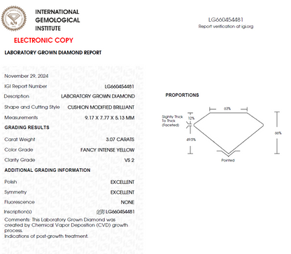 3 Carat Cushion Cut Intense Yellow Lab Grown Diamond For Halo Ring