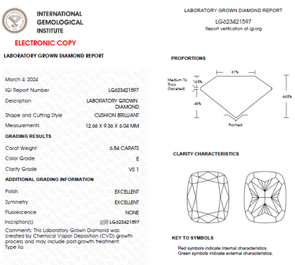 6.50 CT Cushion Cut Lab Grown Diamond For Engagement Ring