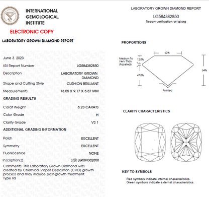 6 CT Cushion Cut Lab Grown Diamond For Engagement Ring