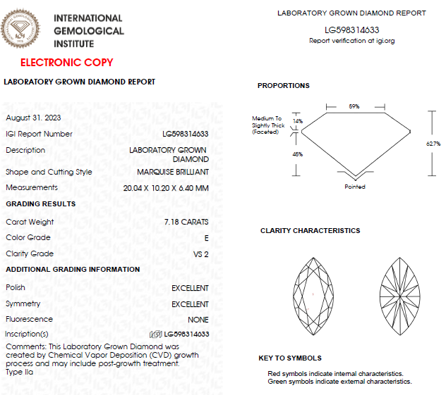 7 CT Marquise Lab Grown Diamond For Engagement Ring