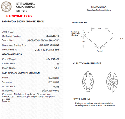 8 CT Marquise Lab Grown Diamond For Engagement Ring