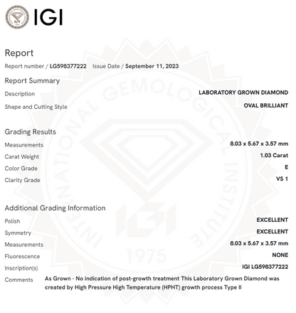 1 CT Oval Lab Grown Diamond For Engagement Ring