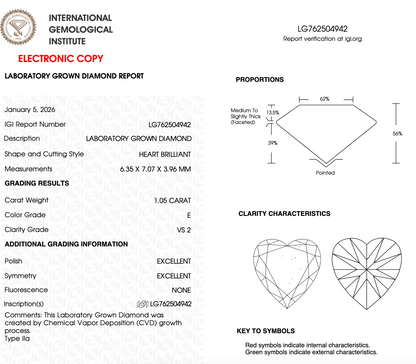 1 CT Heart Cut Lab Grown Diamond For Engagement Ring