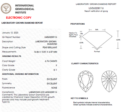 6.50 CT Pear Shape Lab Grown Diamond For Engagement Ring