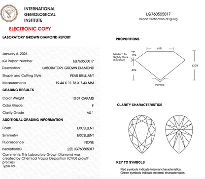 10 CT Pear Lab Grown Diamond For Engagement Ring