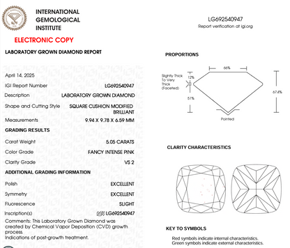 5 CT Pink Cushion Lab Grown Diamond for Necklace | IGI Certified | Best for Anniversary Gift