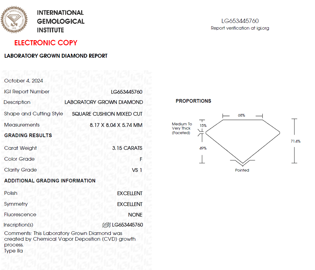 3.15 CT Unique Cushion Cut Lab Grown Diamond For Pendant